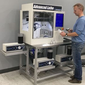 Comco Advanced Lathe Automated MicroBlasting system powered by the AccuFlo with bar code reader